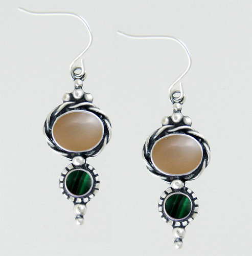 Sterling Silver Drop Dangle Earrings With Peach Moonstone And Malachite